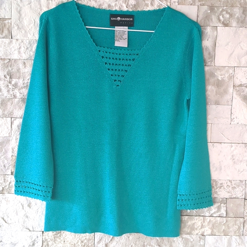 Sag Harbor Vintage Sweater Top Turquoise Crochet Trim Unique Cottage Core EUC